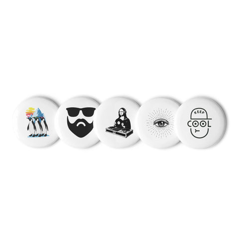 Odd Company set of five different 2.25-inch pin buttons showing penguins, beard with sunglasses, Mona Lisa DJ, radiating eye and Keep Cool face – view 1