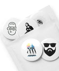 Odd Company set of five different 2.25-inch pin buttons showing penguins, beard with sunglasses, Mona Lisa DJ, radiating eye and Keep Cool face – view 4