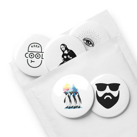 Odd Company set of five different 2.25-inch pin buttons showing penguins, beard with sunglasses, Mona Lisa DJ, radiating eye and Keep Cool face – view 4