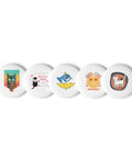 Little Moments set of five distinct 2.25-inch pin buttons with holiday cat, Myliu tave cat, umbrella horn, Spindėk flower smile and cat with mouse – view 1