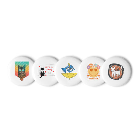 Little Moments set of five distinct 2.25-inch pin buttons with holiday cat, Myliu tave cat, umbrella horn, Spindėk flower smile and cat with mouse – view 1