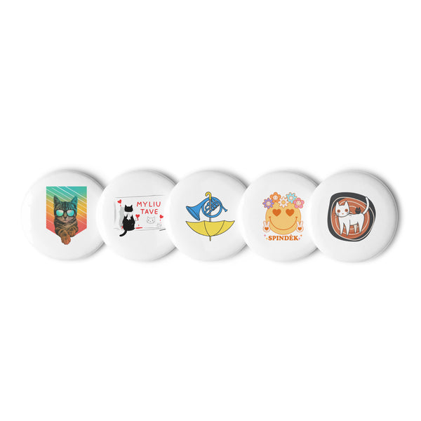 Little Moments set of five distinct 2.25-inch pin buttons with holiday cat, Myliu tave cat, umbrella horn, Spindėk flower smile and cat with mouse – view 1