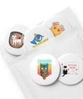 Little Moments set of five distinct 2.25-inch pin buttons with holiday cat, Myliu tave cat, umbrella horn, Spindėk flower smile and cat with mouse – view 4