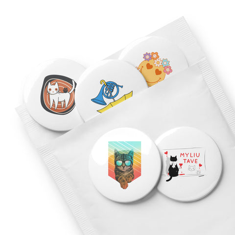 Little Moments set of five distinct 2.25-inch pin buttons with holiday cat, Myliu tave cat, umbrella horn, Spindėk flower smile and cat with mouse – view 4