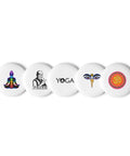 Quiet Mind set of five different 2.25-inch pin buttons with chakra meditation, Peace monk, YOGA, wisdom eyes and Om mandala – view 1
