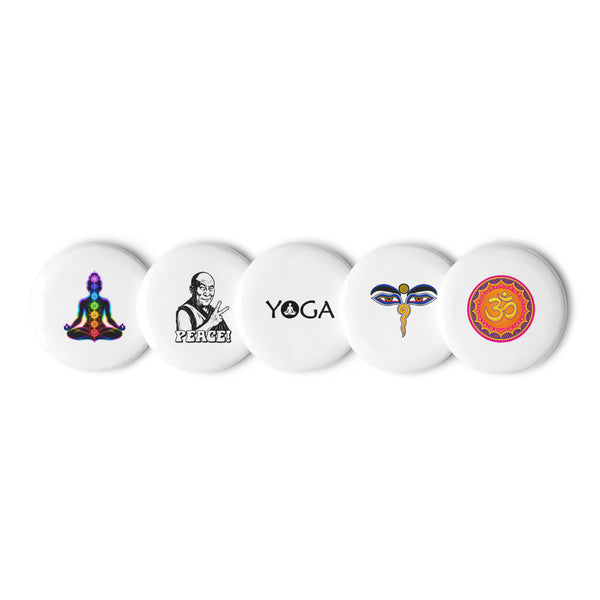 Quiet Mind set of five different 2.25-inch pin buttons with chakra meditation, Peace monk, YOGA, wisdom eyes and Om mandala – view 1