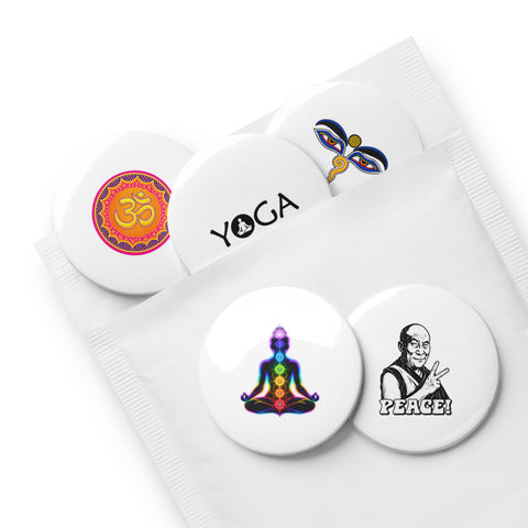 Quiet Mind set of five different 2.25-inch pin buttons with chakra meditation, Peace monk, YOGA, wisdom eyes and Om mandala – view 4
