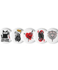 Darkly Playful set of five different 2.25-inch pin buttons with cat, pizza reaper, skull heart, ghostly ace and antlered skull – view 1