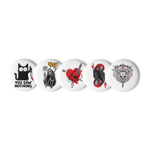 Darkly Playful set of five different 2.25-inch pin buttons with cat, pizza reaper, skull heart, ghostly ace and antlered skull – view 1