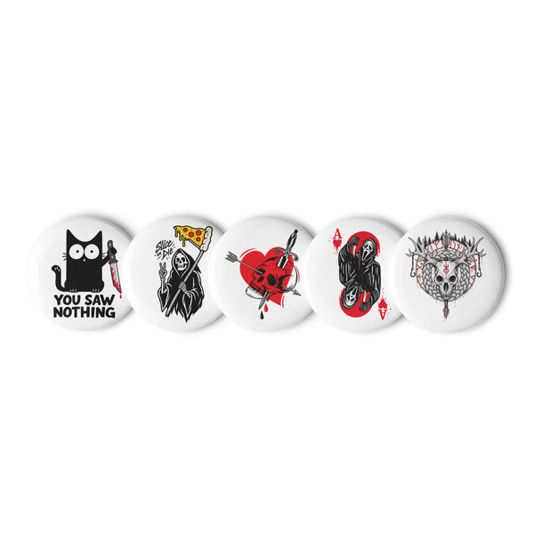 Darkly Playful set of five different 2.25-inch pin buttons with cat, pizza reaper, skull heart, ghostly ace and antlered skull – view 1
