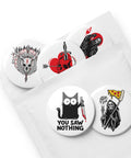 Darkly Playful set of five different 2.25-inch pin buttons with cat, pizza reaper, skull heart, ghostly ace and antlered skull – view 4