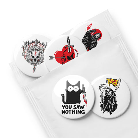 Darkly Playful set of five different 2.25-inch pin buttons with cat, pizza reaper, skull heart, ghostly ace and antlered skull – view 4