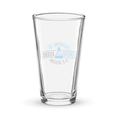 Alcohol Is a Solution 16 oz clear shaker pint glass with blue and black chemistry illustration – view 2