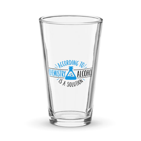 Alcohol Is a Solution 16 oz clear shaker pint glass with blue and black chemistry illustration – view 1