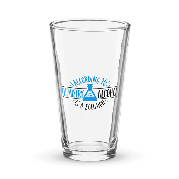 Alcohol Is a Solution 16 oz clear shaker pint glass with blue and black chemistry illustration – view 1