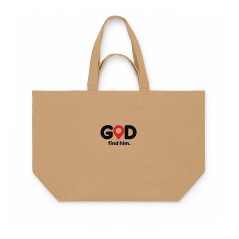 Latte recycled cotton shopping bag with black GOD Find Him lettering and a red location pin on the front – ZIPZAPPA