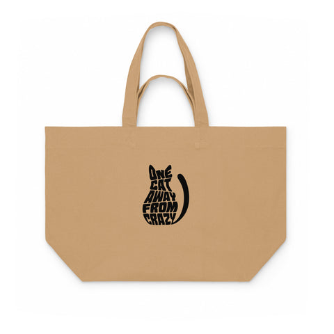 Latte recycled cotton shopping bag with black One Cat Away from Crazy lettering shaped into a cat on the front – ZIPZAPPA