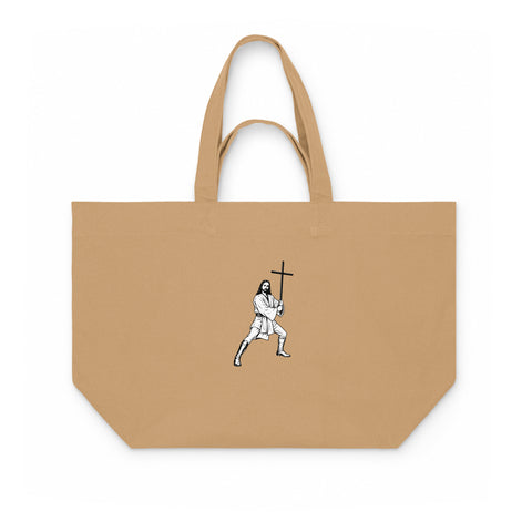 Latte recycled cotton shopping bag with an original black ink-cutout warrior carrying a cross on the front – ZIPZAPPA