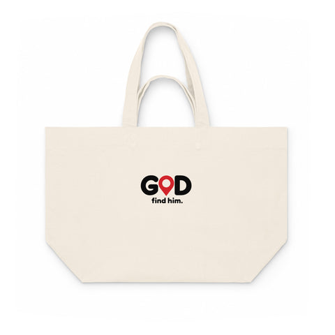 Natural Raw recycled cotton shopping bag with black GOD Find Him lettering and a red location pin on the front – ZIPZAPPA