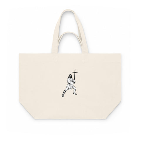Natural Raw recycled cotton shopping bag with an original black ink-cutout warrior carrying a cross on the front – ZIPZAPPA