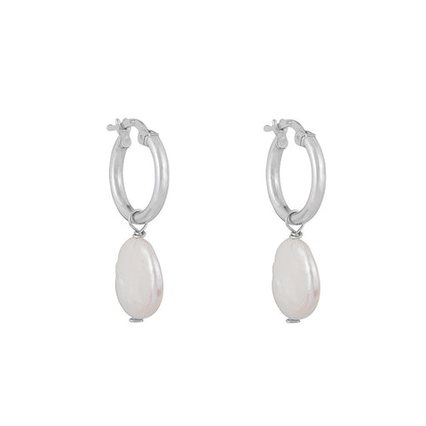 Round Pearl Drop Hoops: Silver