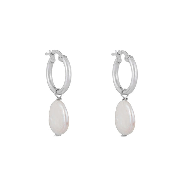 Round Pearl Drop Hoops: Silver