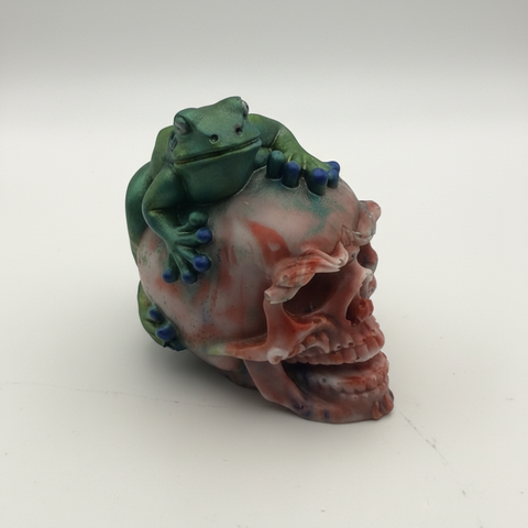 Coral Marble Skull with Frog — Handmade Resin Art