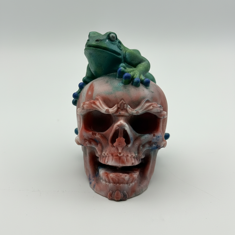 Coral Marble Skull with Frog — Handmade Resin Art
