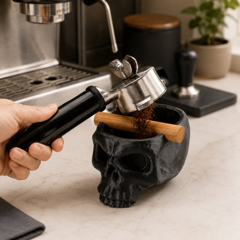 Gothic Skull Espresso Knock Box with Oak Bar