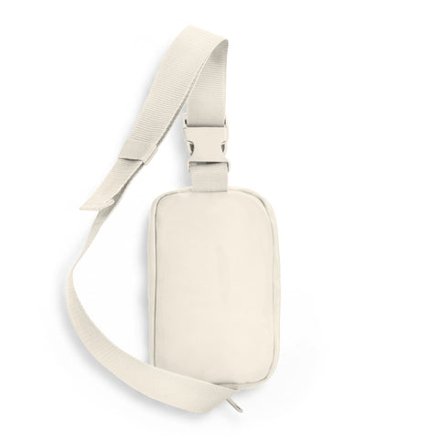 Plain ivory back of Karma Has No Deadline sling bag with adjustable strap