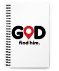 White spiral notebook with black GOD Find Him lettering and a red map-pin symbol on the front – ZIPZAPPA