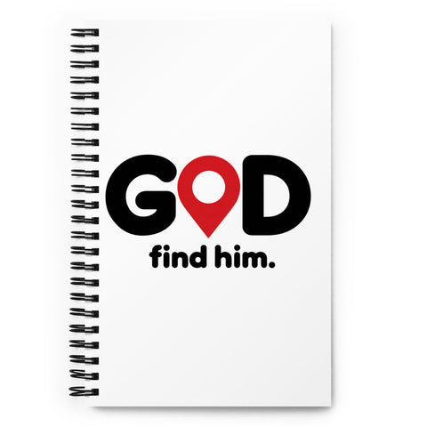 White spiral notebook with black GOD Find Him lettering and a red map-pin symbol on the front – ZIPZAPPA