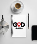 White spiral notebook with black GOD Find Him lettering and a red map-pin symbol on the front – ZIPZAPPA