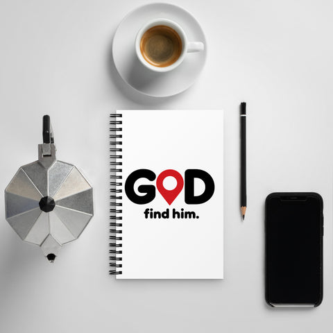 White spiral notebook with black GOD Find Him lettering and a red map-pin symbol on the front – ZIPZAPPA