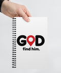 White spiral notebook with black GOD Find Him lettering and a red map-pin symbol on the front – ZIPZAPPA