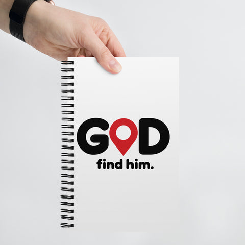 White spiral notebook with black GOD Find Him lettering and a red map-pin symbol on the front – ZIPZAPPA