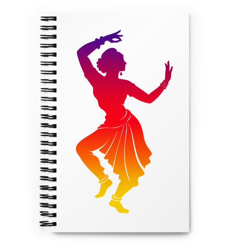White spiral notebook with a centred classical dancer silhouette in purple, magenta, red, orange and yellow on the front – ZIPZAPPA