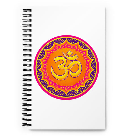 White spiral notebook with the original orange, pink, yellow and purple Om mandala centred on the front cover – ZIPZAPPA