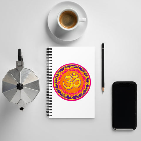 White spiral notebook with the original orange, pink, yellow and purple Om mandala centred on the front cover – ZIPZAPPA