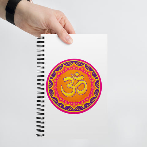 White spiral notebook with the original orange, pink, yellow and purple Om mandala centred on the front cover – ZIPZAPPA