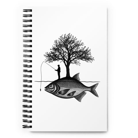 White spiral notebook with original black fisherman and tree standing on a giant fish island, centred in full on the front – ZIPZAPPA