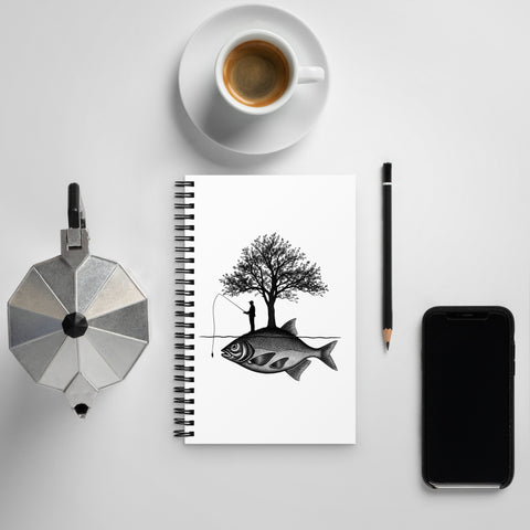 White spiral notebook with original black fisherman and tree standing on a giant fish island, centred in full on the front – ZIPZAPPA