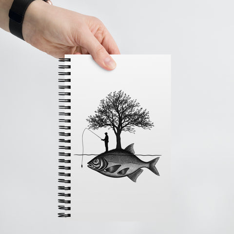 White spiral notebook with original black fisherman and tree standing on a giant fish island, centred in full on the front – ZIPZAPPA