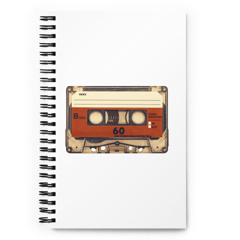 Vintage Cassette dotted spiral notebook – white front cover with retro cream and red cassette artwork, view 1