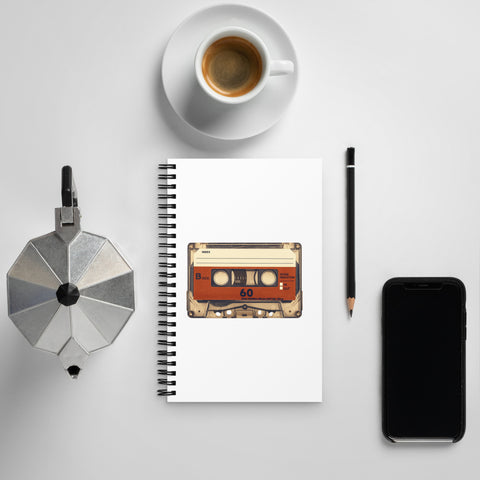Vintage Cassette dotted spiral notebook – white front cover with retro cream and red cassette artwork, view 3