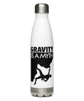 Gravity Is a Myth white 500 ml steel water bottle, front view with full black climber illustration