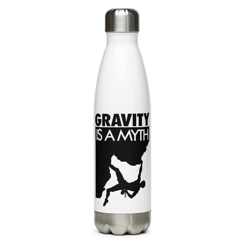 Gravity Is a Myth white 500 ml steel water bottle, front view with full black climber illustration