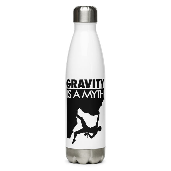 Gravity Is a Myth white 500 ml steel water bottle, front view with full black climber illustration