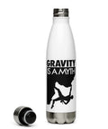 Gravity Is a Myth white 500 ml steel water bottle, front view with full black climber illustration