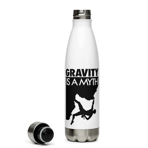 Gravity Is a Myth white 500 ml steel water bottle, front view with full black climber illustration